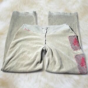 Y2K Velour Wide Leg Pants Low Rise Sage Green Chinese Patchwork 2000s M L